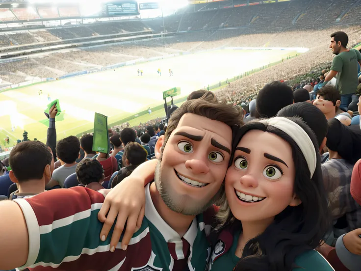 Criar cartaz estilo Disney Pixar Homem de 45 anos, com cabelo preto baixo, olhos pretos, sorriso mostrando os dentes, barba preta e grisalha, vestindo camisa de futebol com listras verticais nas cores vermelho escuro, branca e verde escuro. The 18-year-old...