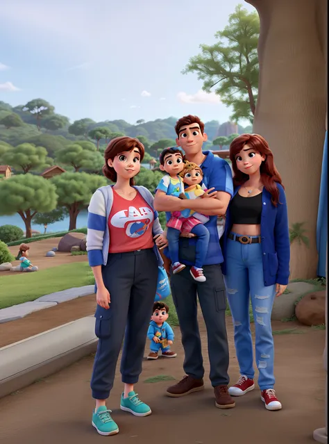 A Disney Pixar-style family, alta qualidade, homem, mulher, Baby Son and Teenage Daughter.