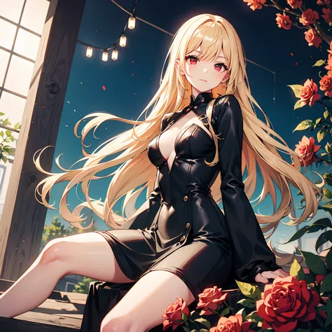 Girl with wavy blonde hair and red eyes、Sitting surrounded by roses、Sexy clothes