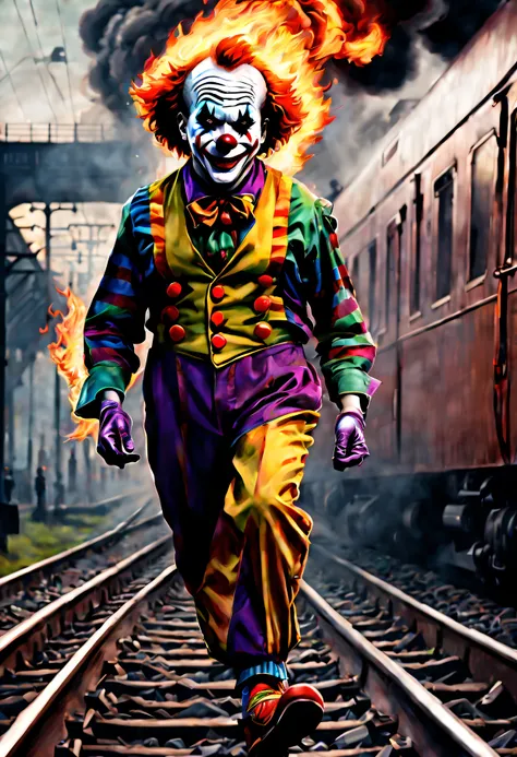 ("railway" Theme:1.5), (jocker:1.5), (jocker :1.5), (Burning clowns:1.5), (Thriller expression:1.3), (Realistic characters:1.3), (Run:1.5), (railway:1.5),