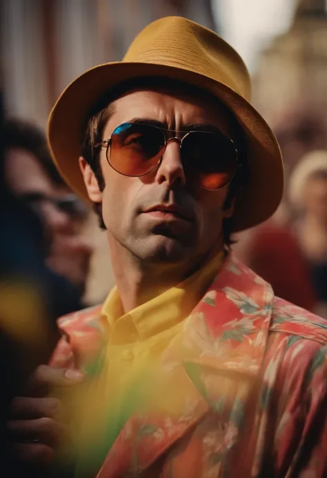 Liam Gallagher in the 90s with a colorful sunglasses, fumando um cigarro na Inglaterra