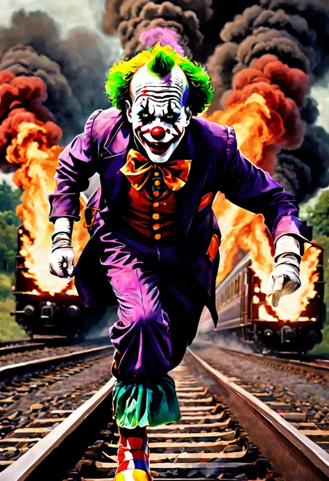 ("railway" Theme:1.5), (jocker:1.5), (jocker :1.5), (Burning clowns:1.5), (Thriller expression:1.3), (Realistic characters:1.3), (Run:1.5), (railway:1.5),