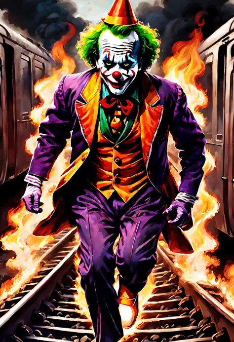 ("railway" Theme:1.5), (jocker:1.5), (jocker :1.5), (Burning clowns:1.5), (Thriller expression:1.3), (Realistic characters:1.3), (Run:1.5), (railway:1.5),