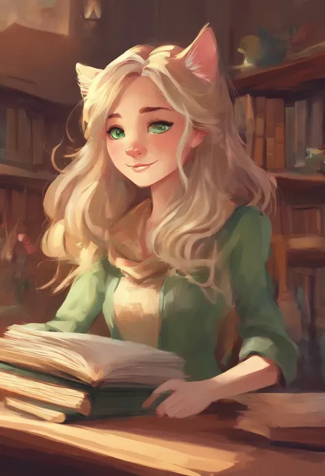 create a Disney Pixar-style character with the following characteristics in Atelier with Books: long-haired blonde girl, green eyes, tabby cat, brindle cat