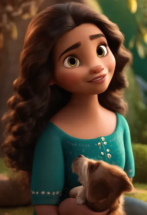 criar uma personagem Disney Pixar morena com 31 anos de idade, cabelos pretos longos e olhos castanhos escuro ao seu lado um cachorro de porte pequeno com pelos pretos e olhos castanhos.