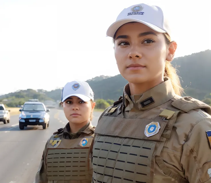 Cria uma imagem do tipo pixar Disney, in the image, two military highway police officers from the state of Santa Catarina are in front of a highway with cars traveling, o sol reluz em seus cabelos