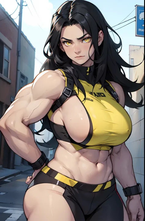 muscular girl black hair yellow eyes large tits bashful pale skin