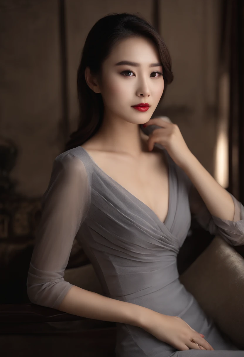 filmposter，Sony SLR lens，Master masterpieces，high-definition quality，A Chinese female model in a gray dress，posed for photo, Transparent gray dress, pretty face with arms and legs, tight attire, very beautiful long slim legs, , full body photogenic shot, D...