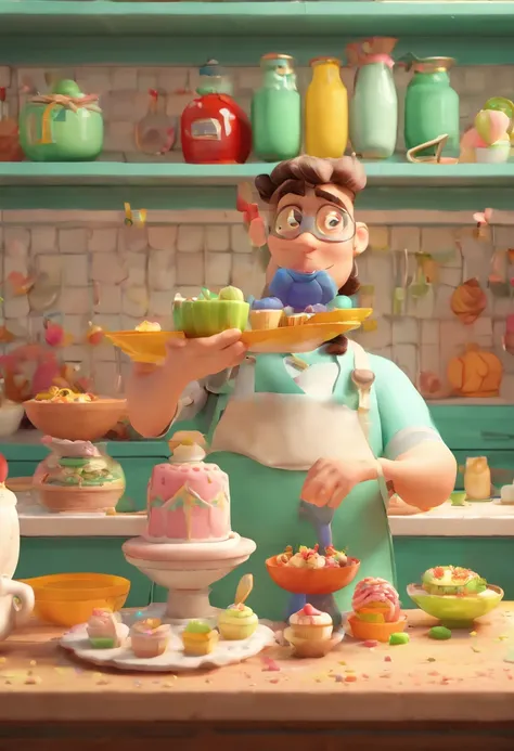 A scene inspired by Disney Pixar White baker, 36 years old, with apron GREEN, written NANÁ and a small ladybug brooch made of gold and stones, long, WAVY and black hair, eyes dark brown, wearing green glasses. in a beautiful kitchen, jars of sweets in shel...