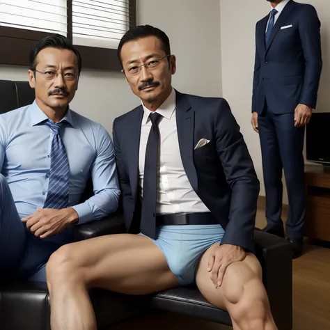 aged 40，Hidetoshi Nakata ，（Kogoro Mouri 1.3），Two skinny men together，Naked upper body，Thick body hair，Crotch contour，Wear light blue sexy briefs，with mustache，tmasterpiece，k hd，black long socks，the feet，Business suit