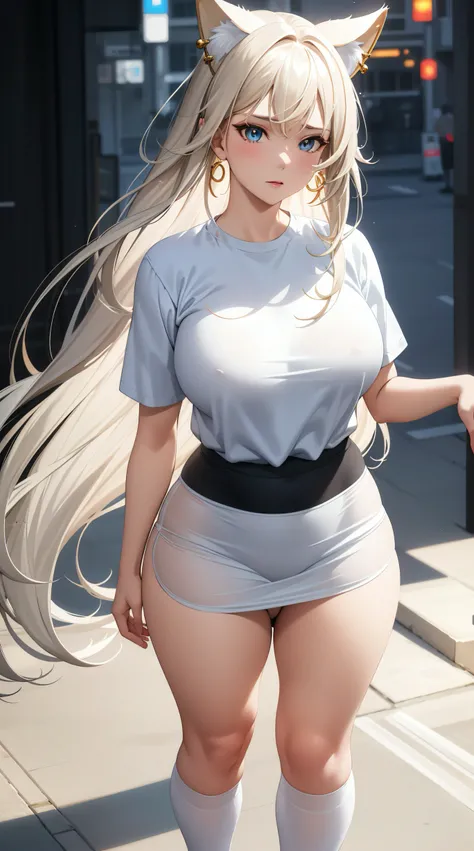 (best quality:1.5, highres, UHD, 4K, detailed lighting, shaders), white wavy hair, gradient hair, cat ears, large breasts, big butt, big thighs, mature woman, small shirt, skirt, extra long socks, white panties,  , (pov), full body, white background, color...