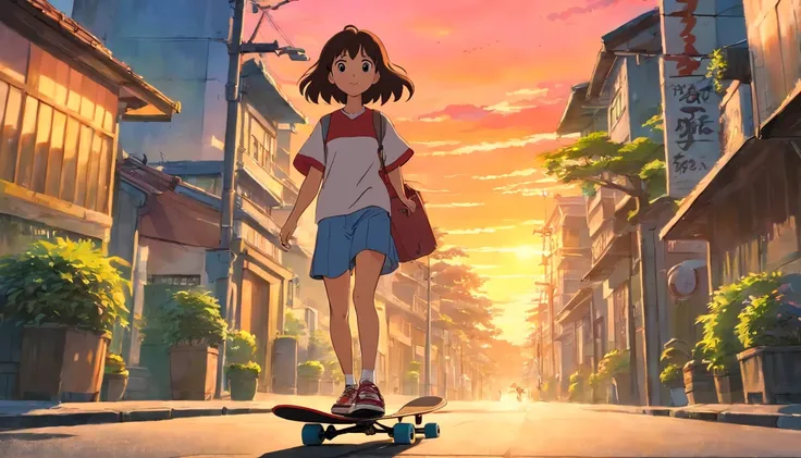 Indonesian girl, street of city bandung, skateboard activity, afternoon sunset, best quality