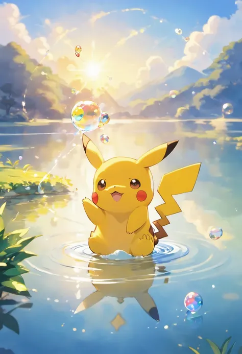 A touching scene in ultra-high definition 3D showcasing Pikachu making a wish beside a tranquil lake. Pikachu wishes for a wife and kids, beautifully rendered in detail, is seen gently blowing bubbles into the air, each one carrying a hopeful wish. The bub...