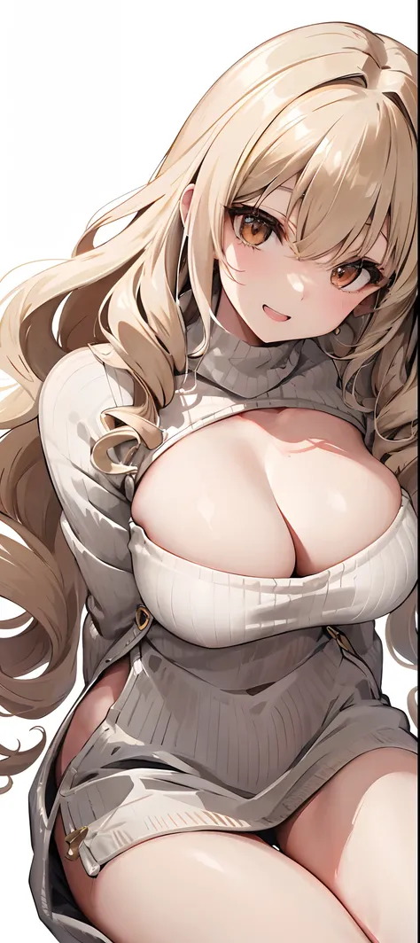 女の子 1 人、top-quality、((Longhaire、Curly hair、Beige hair color、knitted sweater、double tooth、A smile、highleg、white backgrounid、Close-up from chest up))、symmetry、A MILF、cleavage of the breast、Colossal tits、thick thighs、facing front、looking-down、NSFW、browsing、sl...