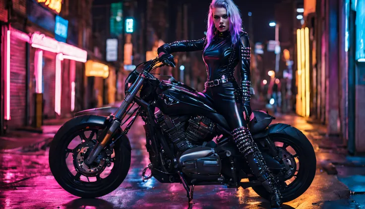 woman wearing a black pvc low-cut catsuit thigh high boots chains studs and spikes , on motor bike , in cyberpunk city at night ...