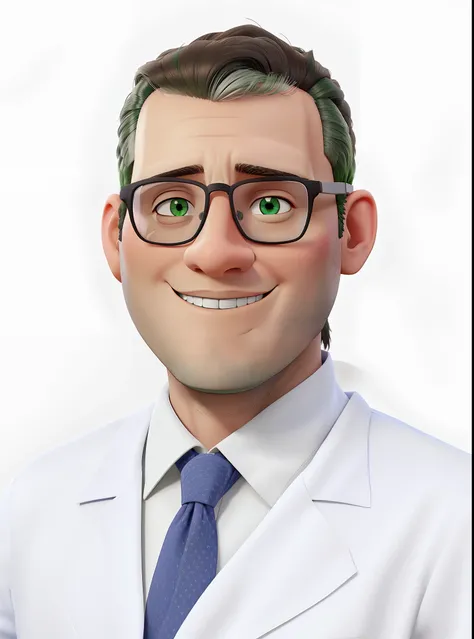 Neurosurgeon doctor man in lab coat, pele branca, olhos verdes, Rounded glasses, sorrindo; alta qualidade