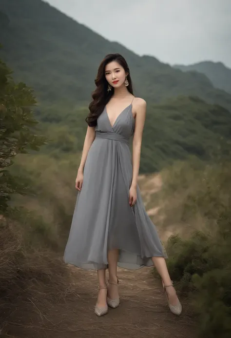 filmposter，Sony SLR lens，Master masterpieces，high-definition quality，（）A Chinese female model in a gray dress），posed for photo, Transparent gray dress, (((pretty face with arms and legs))), tight attire, very beautiful long slim legs, , full body photogeni...