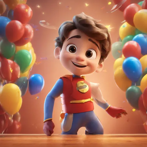 Create a Disney Pixar-inspired poster featuring the character of a happy autistic child dressed in superhero outfits, Talking to other children, ela lidera a turma, Make the child very happy