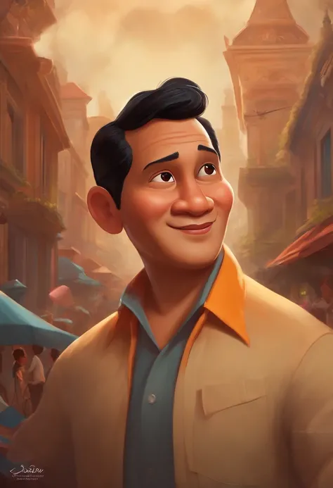 Mr. Prabowo Subijanto in the style inspired by Pixar animation, up close. The character takes center stage with captivating facial expressions, offering a touch of unreality