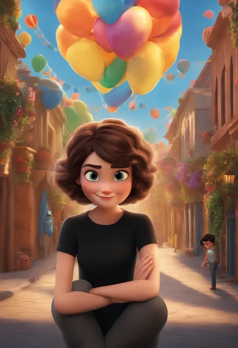 filme Marketing 2023 estilo filmes Pixar, Com nome "N - Marketing", poster, With short, lighter brunette hair and a black t-shirt in front of her crossed arms.