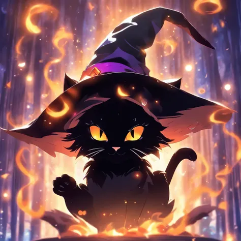 a super cute black cat with a witch hat trying to do spells, magical, MASTERPIECE.