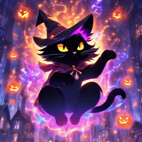 a super cute black cat with a witch hat trying to do spells, magical, MASTERPIECE.