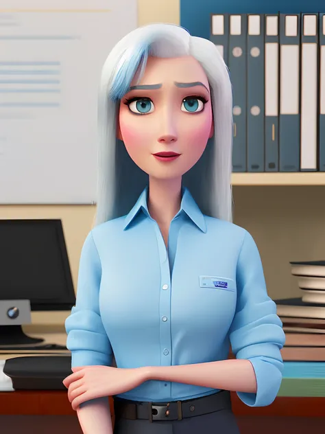 Pixarstyle: A waist-length portrait of a woman with straight white hair and long blue eyes in an office shirt, sorrir, s office, textura natural da pele, gorda Texturas 4k, HDR, intrincado, altamente detalhado, foco nítido, cinematic visual, hiperdetalhado