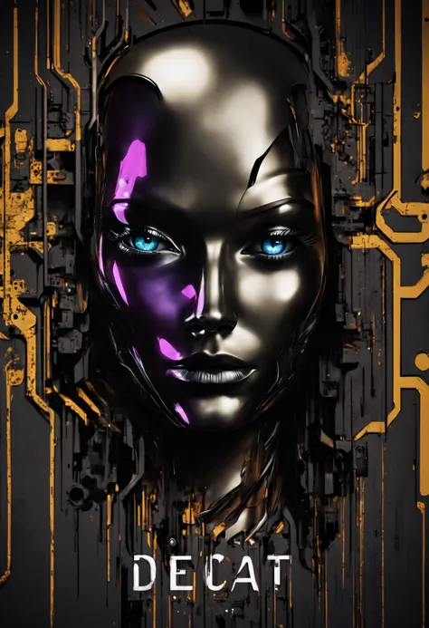 Depict face emerging from the shadows, creates an atmosphere of fear and unease perfect shading, poster art, bold text, magazine cover, poster art, robot girl, hint of vibrant creates an atmosphere of fear and unease, android eyes