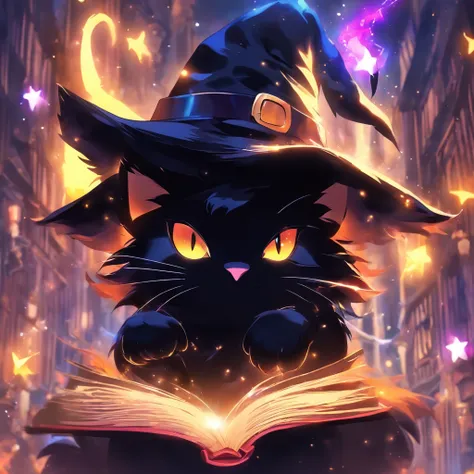 (a) super cute black cat with (a) witch hat, (a) spelling book, (eager to learn), (beautiful) magical, (masterpiece:1.2), detailed fur, (intense focus), magic spells, (vibrant colors), (charming), (mysterious), (spellbinding:1.1)