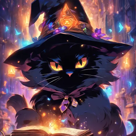 (a) super cute black cat with (a) witch hat, (a) spelling book, (eager to learn), (beautiful) magical, (masterpiece:1.2), detailed fur, (intense focus), magic spells, (vibrant colors), (charming), (mysterious), (spellbinding:1.1)