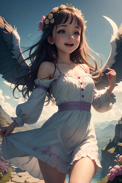 Beautiful girl symmetrical face, symmetrical eyes, highly detailed, spreading her wings, glide over the seas, the cascading mountains and remind yourself of the beauty that surrounds you in the silence of the world, Remember a time when you were free when ...