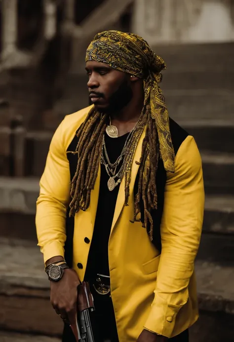 Black gangster with black dreadlocs with yellow bandanas with designs covering his full face and head holding a gun, holding up a hand sign he has a mask on do not show his skin Bandana tied around neck and wrist bandanas have paisley print bandanas are al...