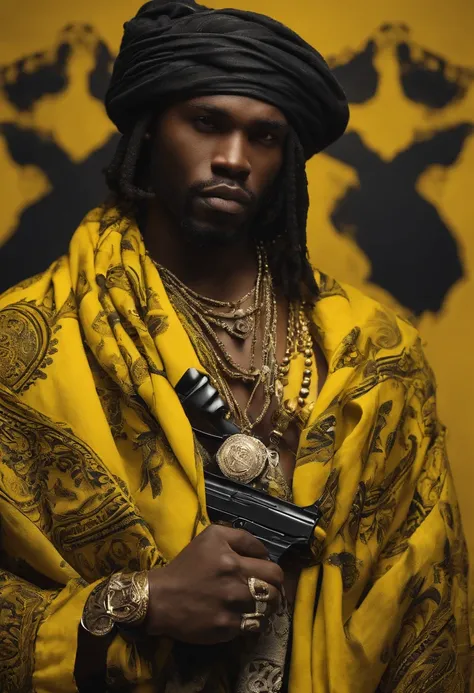 Black gangster with black dreadlocs with yellow bandanas with designs covering his full face and head holding a gun, holding up a hand sign he has a mask on do not show his skin Bandana tied around neck and wrist bandanas have paisley print bandanas are al...