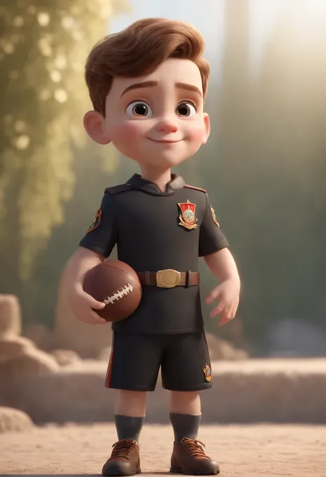 Personagem dos desenhos animados de um menino de oito anos, Short light brown wavy military style hair and a black football jersey with gold accents on the shoulders, animation character, Caractere estilizado, animation style rendering, 3D estilizado, Arno...