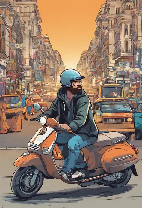 man, snapback, Medium Hair, gray eyes, black hoodie, beard, riding vespa, Arc de Triomphe