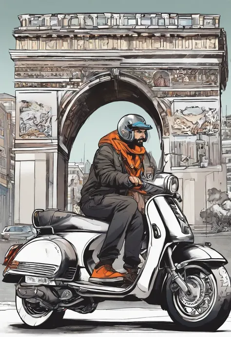 man, snapback, Medium Hair, gray eyes, black hoodie, beard, riding vespa, Arc de Triomphe