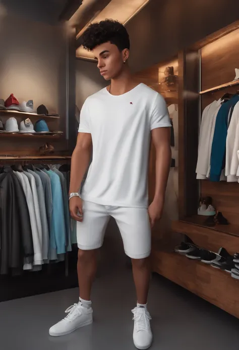 rosto detalhado, asymmetrical 16k, (3D poster inspired by Disney/Pixar capturing a scene with the title "VITOR") (a 20 year old young man, young with soul patch), (black razor fade hair, white shirt), (white short shorts and white sneakers with a concealer...