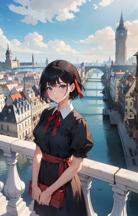 masterpiece, best quality, finely detailed, high resolution, extremely delicate and beautiful, stunning, 1girl, bangs, black_hair, beautiful 8k eyes, blue_sky, bridge, building, castle, city, cityscape, cloud, day, dress, looking_at_viewer, outdoors, red_n...