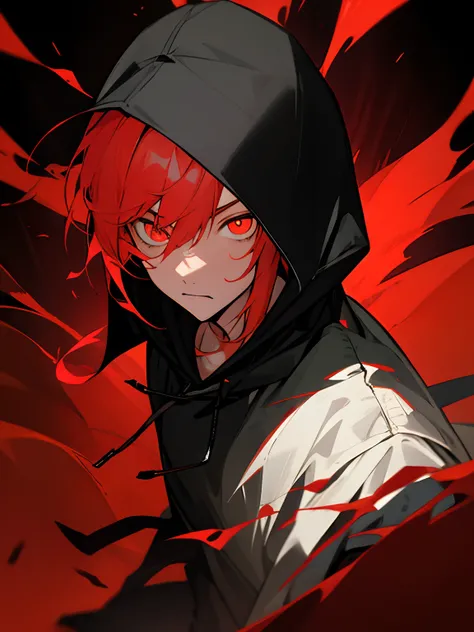 Boy with red glowing radiant ayes sa face wearing black hoodie