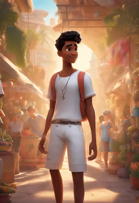 (3D poster inspired by Disney/Pixar capturing a scene with the title "VITOR") (a 20 year old young man, young with soul patch), (black razor fade hair, white shirt), (white short shorts and white sneakers with a concealer symbol), (close up background of a...