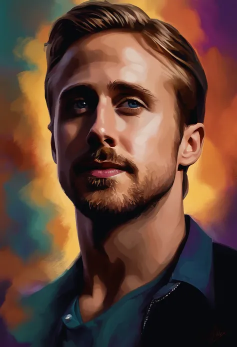 [Retrato de Ryan Gosling:Resumo Antecedentes:0.5], Expressionismo, tons violeta, nevoeiro, smoke billowing, arte digital, tons suaves, depressivo, fundo colorido