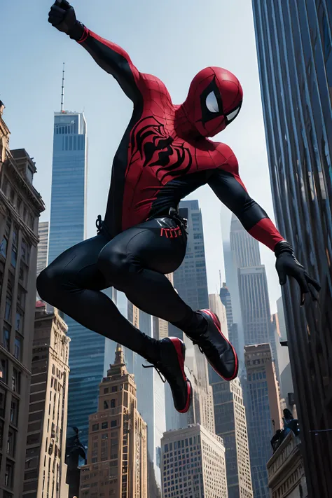 O espetacular Homem-Aranha usando seu uniforme negro original das Guerras Secretas, Jumping from the skyscrapers of New York