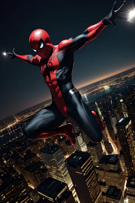 O espetacular Homem-Aranha usando seu uniforme negro original das Guerras Secretas, Jumping from the skyscrapers of New York