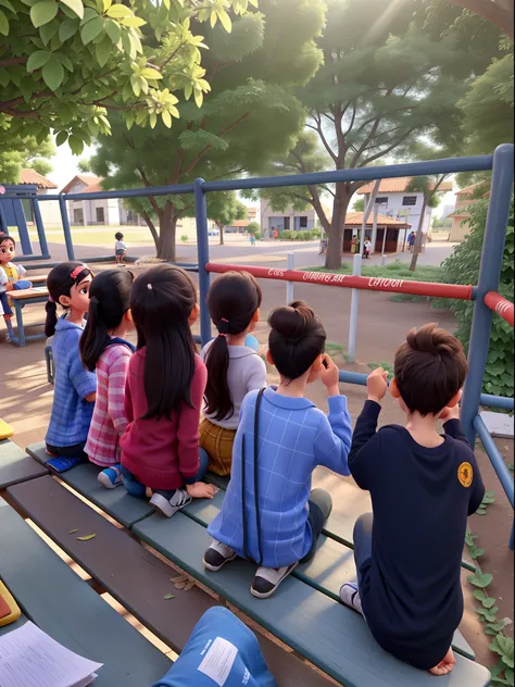 Children sitting on their backs, uma ao lado da outra, In a school square