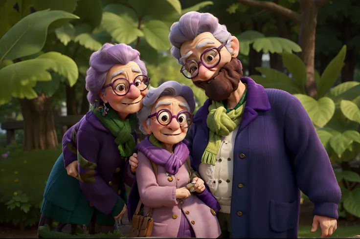 masterpiece, best quality, an old woman with glasses and a scarf on, wearing a purple coat and green scarf, standing at the park