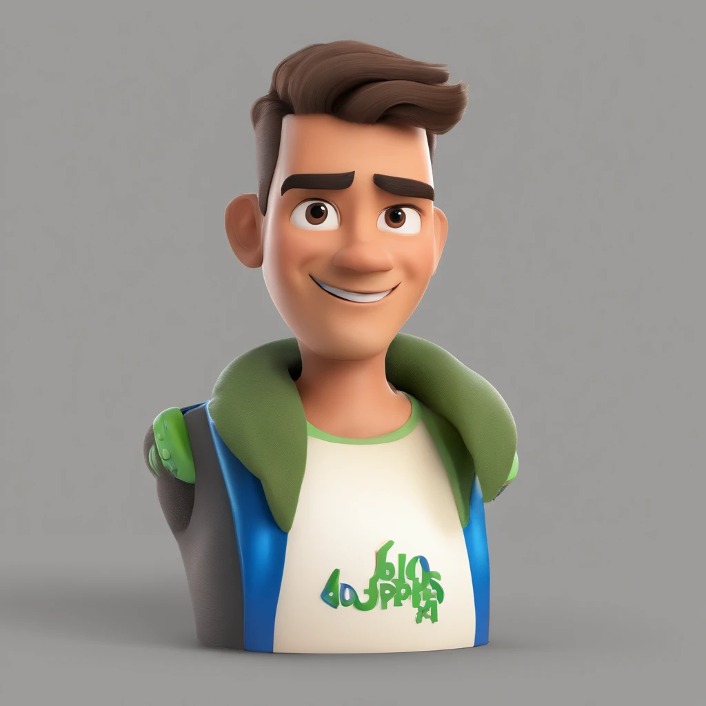 Criar um personagem no estilo Pixar. Trata-se de um homem de 40 anos, com barba, Branco,  e olhos verdes. Ele deve estar na frente de um computador, Trabalhar como treinador de esportes