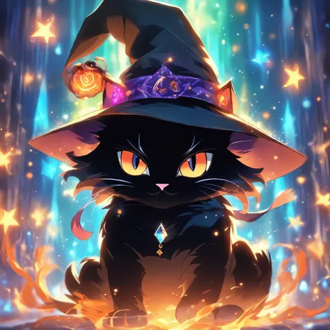 (a) super cute black cat with (a) witch hat, (a) , Magic Wand (eager to learn), (beautiful) magical, (masterpiece:1.2), detailed fur, (intense focus), magic spells, (vibrant colors), (charming), (mysterious), (spellbinding:1.1)