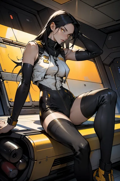 1 girl, black hair, yellow eyes, very long hair, pale skin, fit body, slender body, slim waist, large breasts, (confident expression), pilot suit, thigh gap, bare thighs, sleeveless, perfect hands, perfect fingers, show bare legs, fit thighs, sitting in a ...