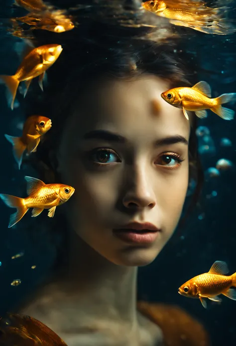 hyper realistic photograph of a girl underwater with school golden fish around, closeup shot dreamy mood, reflection bokeh, ligh...