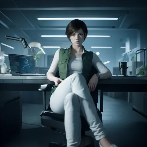 Best quality, ((Rebecca chamber from resident evil)), short  hair, white jeans, beautiful face, shy expression, green vest